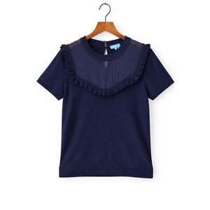 Draper James Navy Ruffle Bib Swiss Dot Knit Top Size Large Preppy Feminine Chic